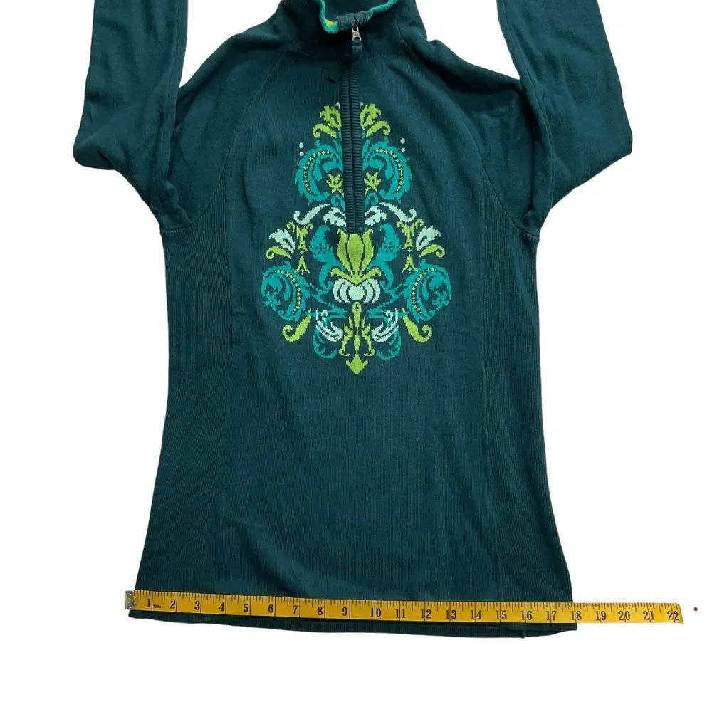 Athleta 1/4 Zip Floral‎ Knit Pullover Sweater Blue Green Thumbholes Size S Cozy